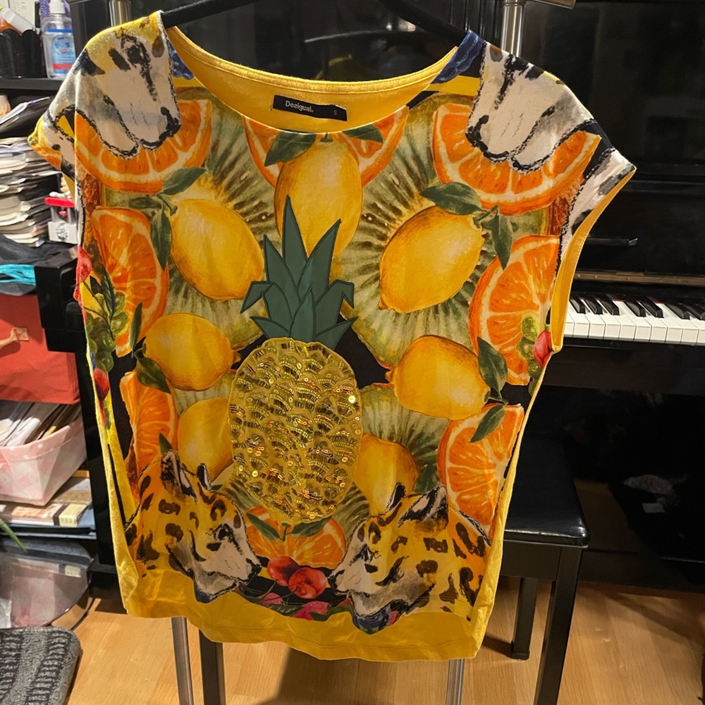 Desigual Yellow Orange Short Sleeve Tee with Pineapple Design
